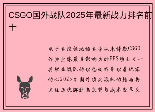 CSGO国外战队2025年最新战力排名前十